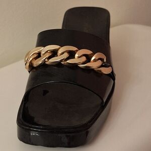 Black Slide Sandals with Gold Chain